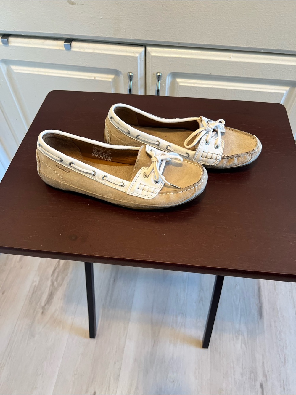 Sebago Bala Taupe/White Suede Lace-Up Boat Shoe Flats Rubber Sole Women US 8.5 M